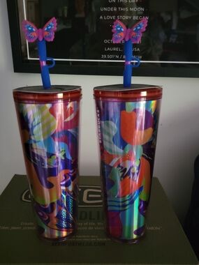 Starbucks Iridescent Multicolor Tumbler with Butterfly Straw Caps (Set of 2)